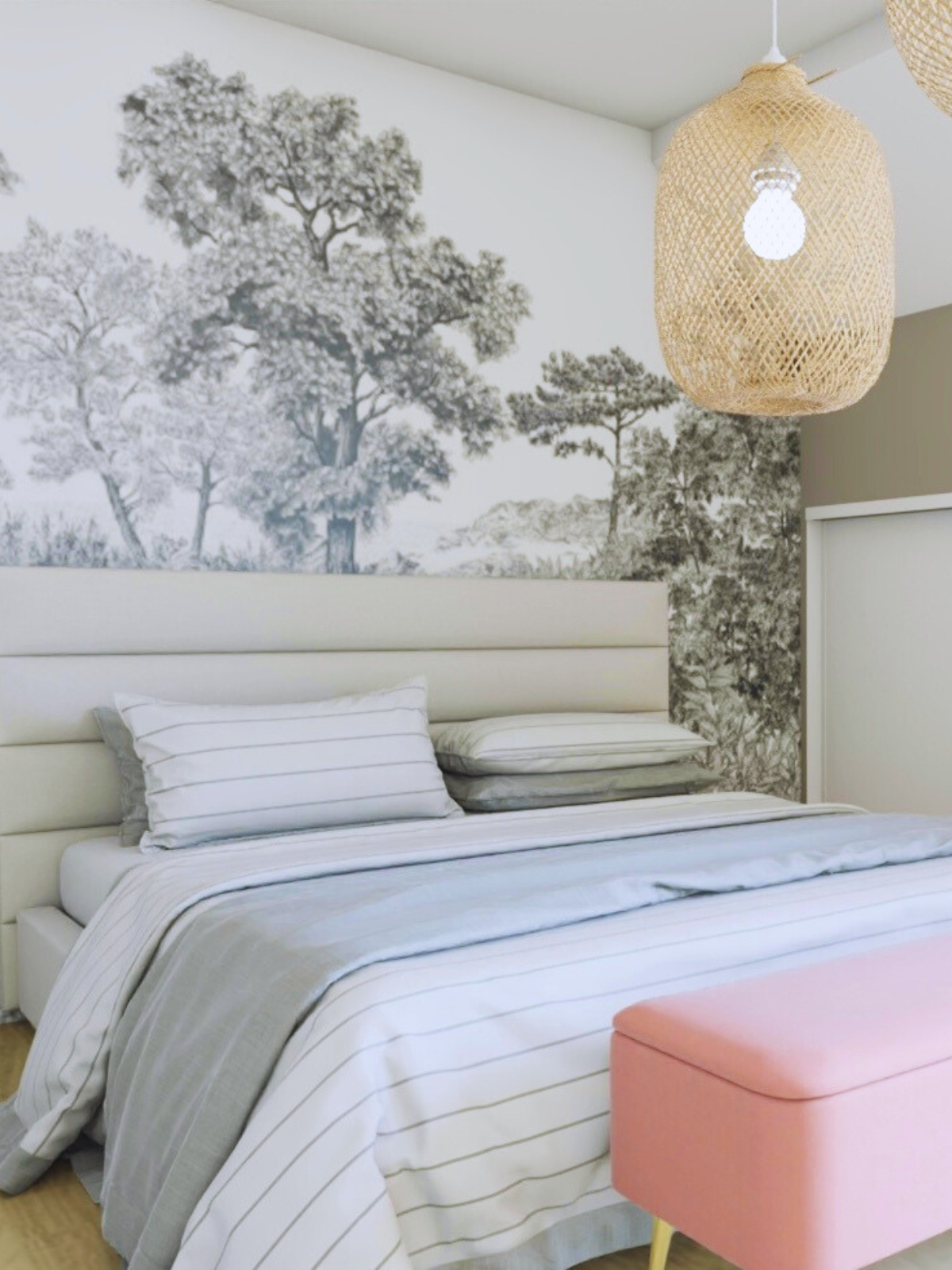 Chambre décorée dans un style naturel avec une tête de lit rembourrée, un papier peint panoramique forêt noir et blanc, et des suspensions en rotin.